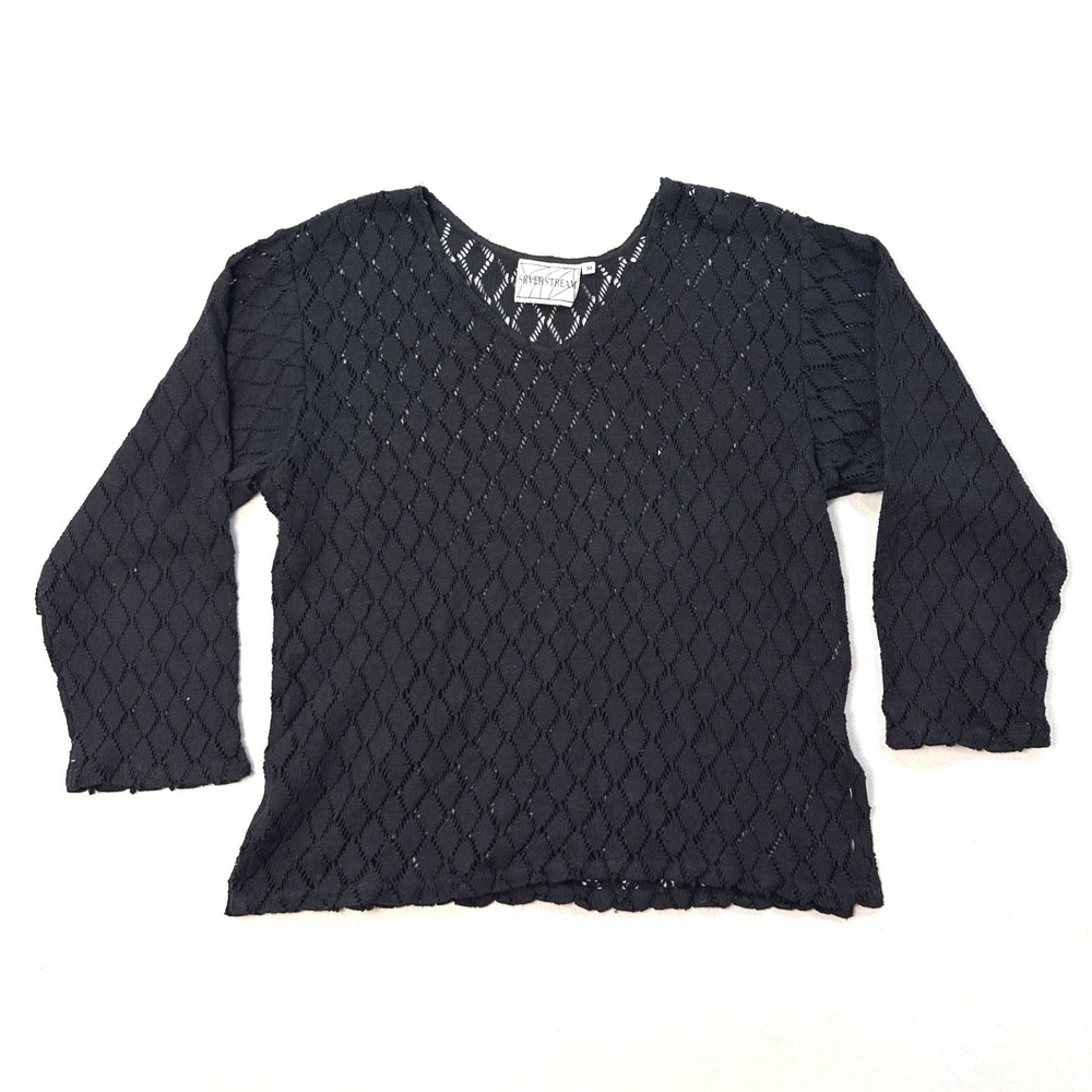 Silverstream Women Black 100% Cotton Crochet Diamond Open Knit V-Neck Top Medium